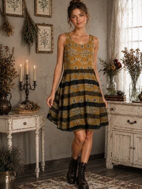 Whish Black Sleeveless Stripe Mesh Overlay Tank Sun dress Yellow Blue Black S